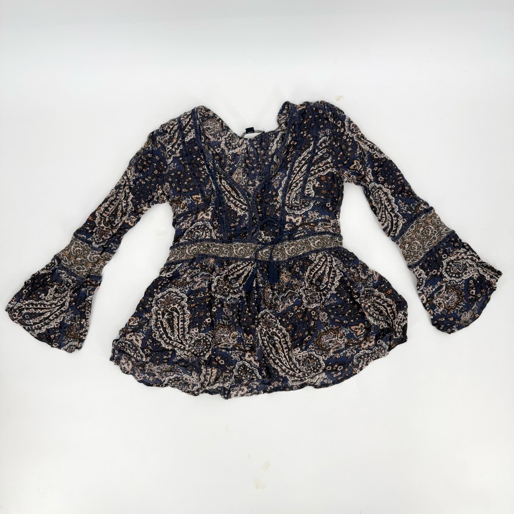 Boho Paisley Bell Sleeve Navy Cream VNeck Festival Tie Y2K Whimsical Fairy Indie